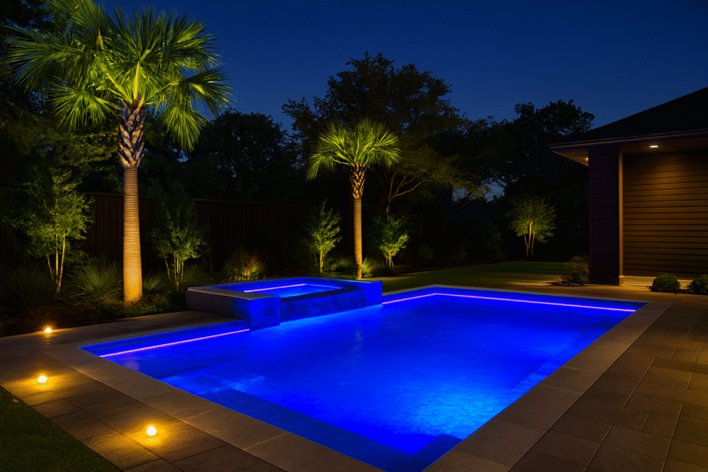 Dallas backyard pool with vibrant multi-color LED lighting for evening entertainment