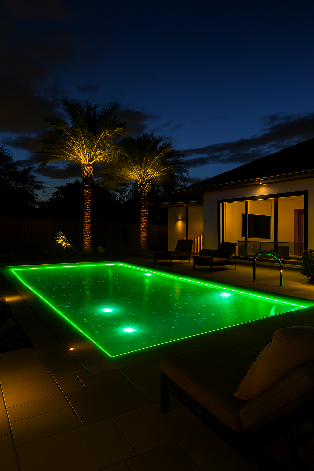 Luxury Dallas backyard pool illuminated with color-changing LED lights at night with deck and landscape lighting