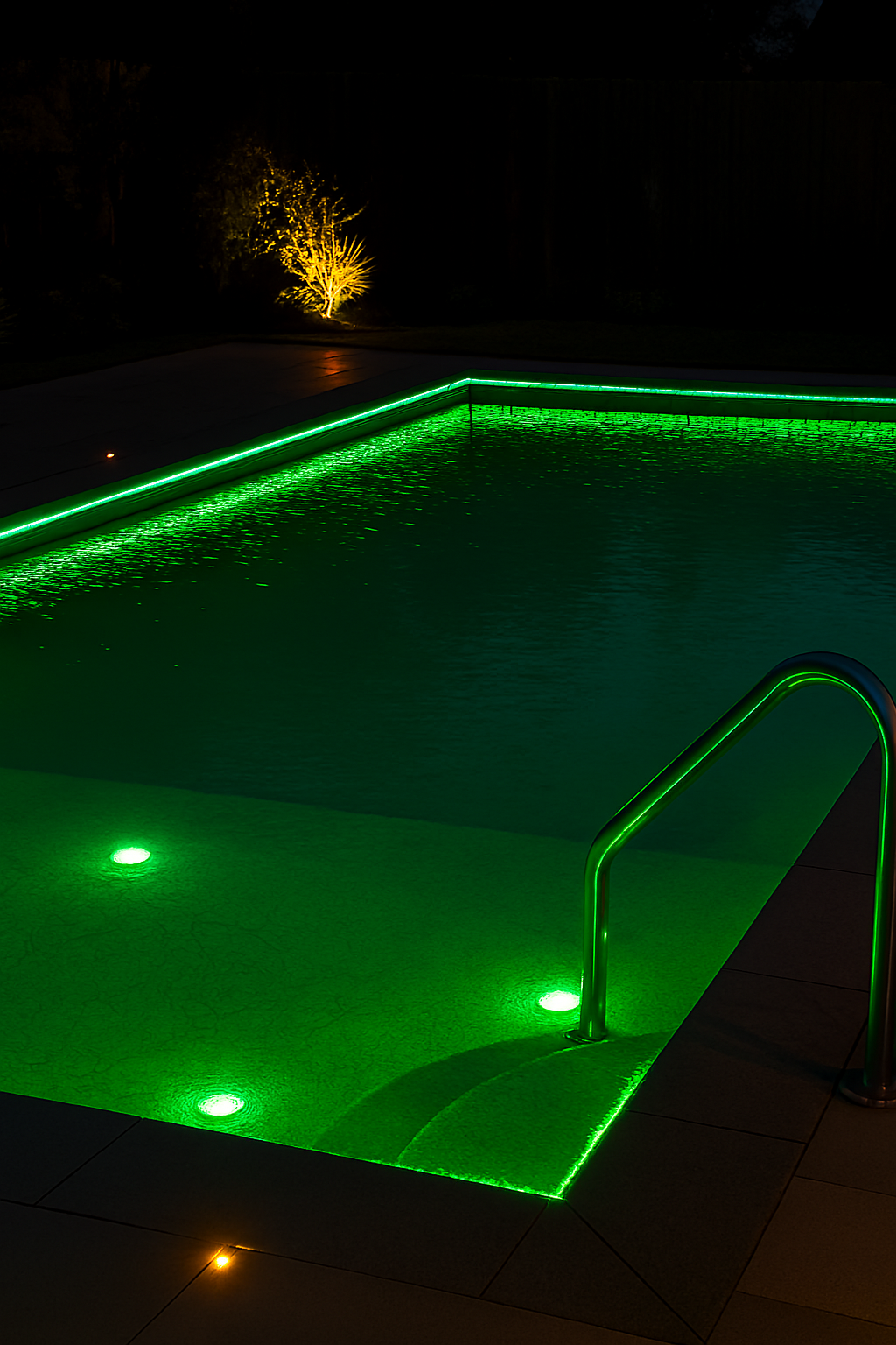 Side-by-side comparison of LED pool lighting and fiber optic starfield lighting effects