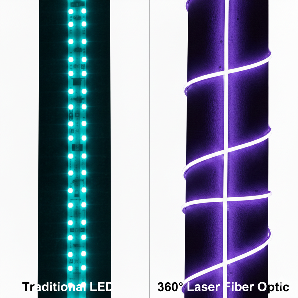 Side-by-side comparison of traditional LED facade lighting versus 360° laser fiber optic showing superior color saturation and uniform illumination