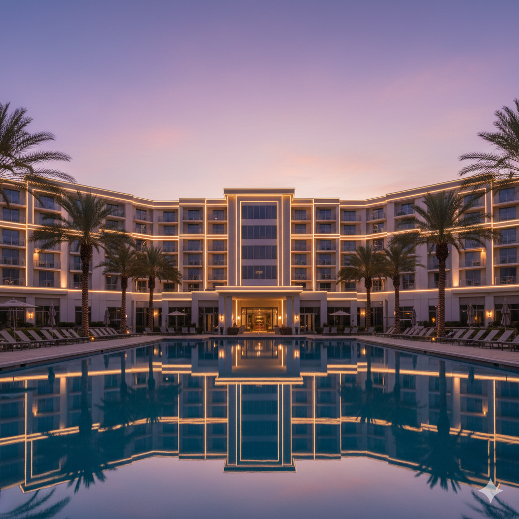 Luxury hotel and resort exterior illuminated with premium 360° fiber optic architectural lighting showing dramatic facade effects and pool lighting