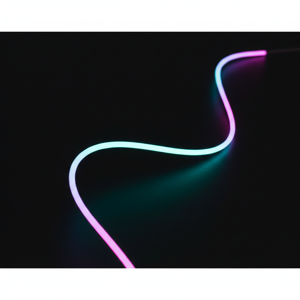 Close-up of 360° laser fiber optic cable showing true all-around illumination with vibrant colors for architectural building lighting applications