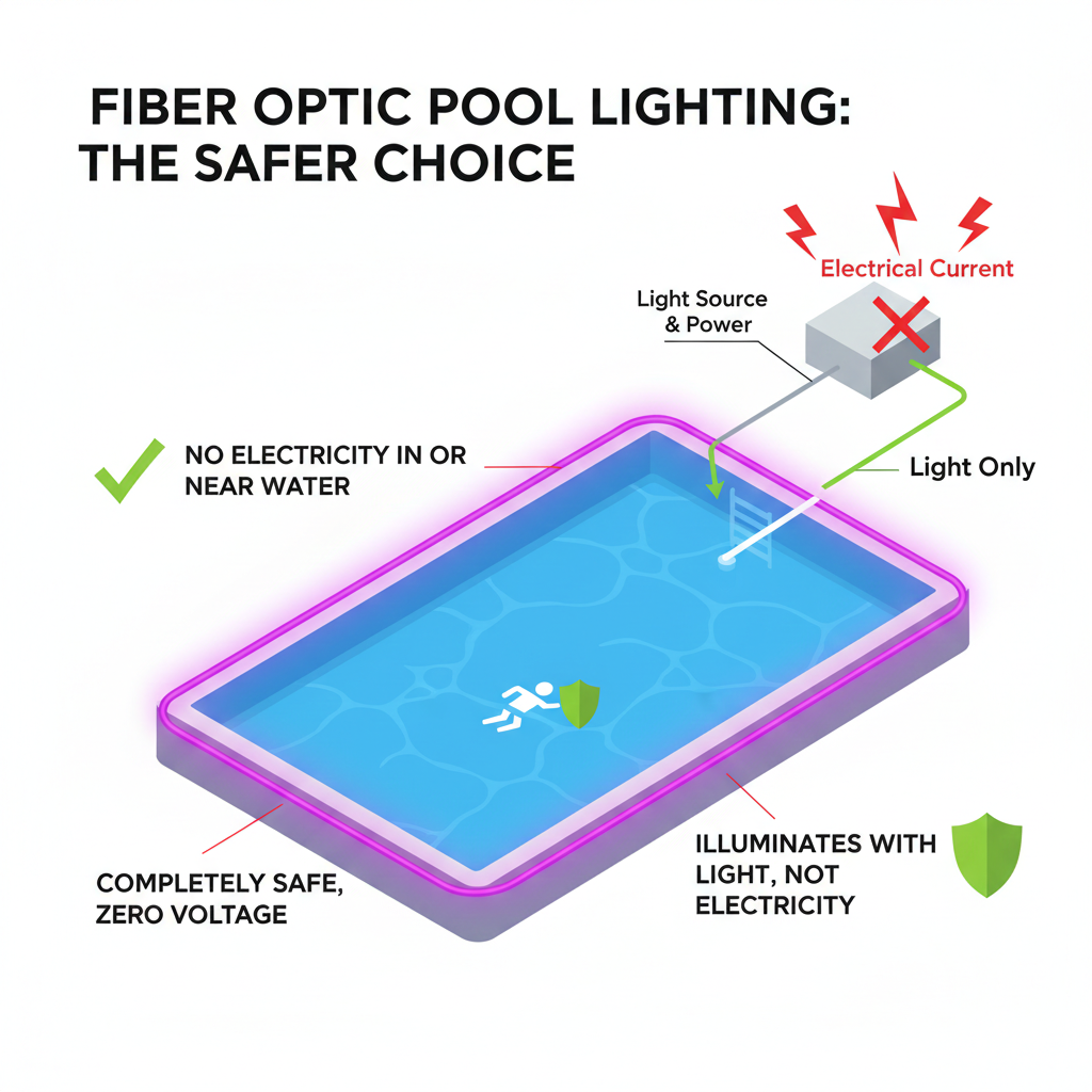 Diagram showing how fiber optic pool lighting keeps all electricity in remote illuminator while only light travels through cables into the water