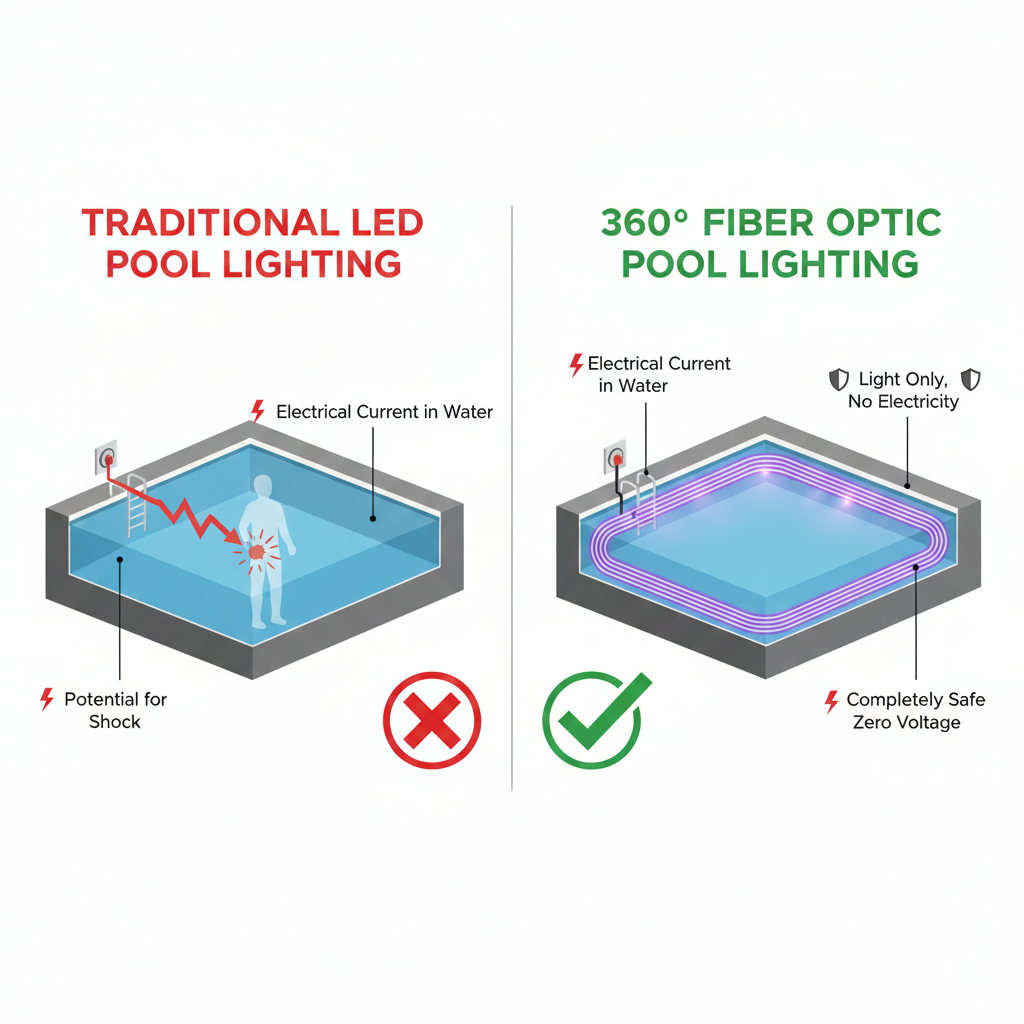 Diagram showing how traditional LED pool lights carry electrical current through cables into the water creating potential shock hazards