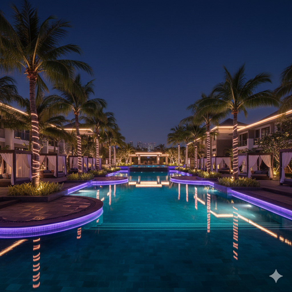 Luxury resort swimming pool at night illuminated with safe fiber optic lighting showing dramatic colors and zero electrical hazards for guests