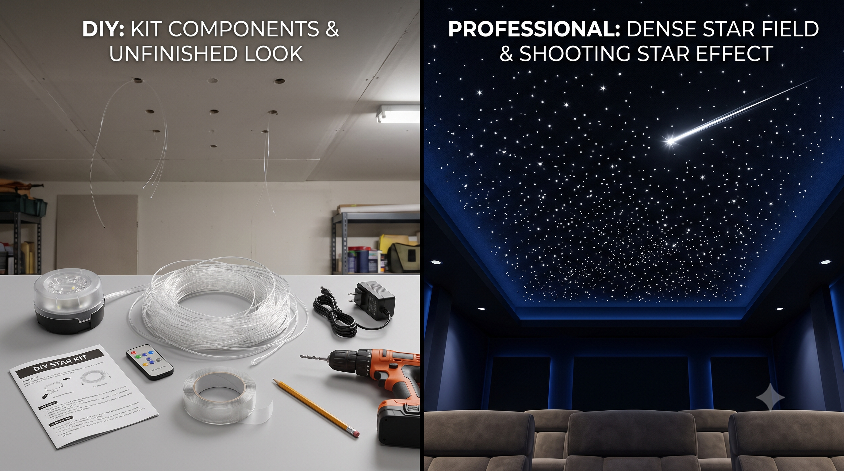 Comparison showing DIY starlight ceiling kit components versus professional installation with custom constellation mapping and shooting star effects