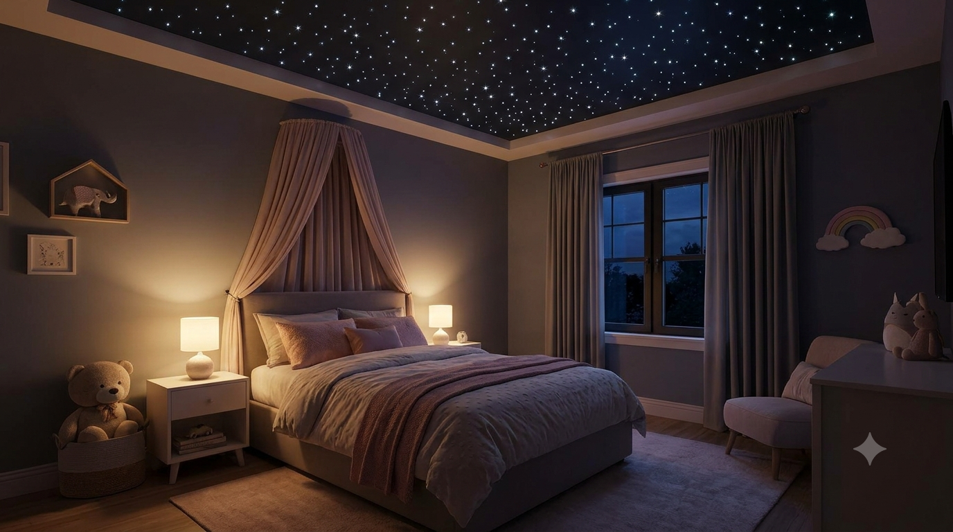 Magical children's bedroom with fiber optic starlight ceiling creating safe twinkling night sky perfect for kids who are afraid of the dark