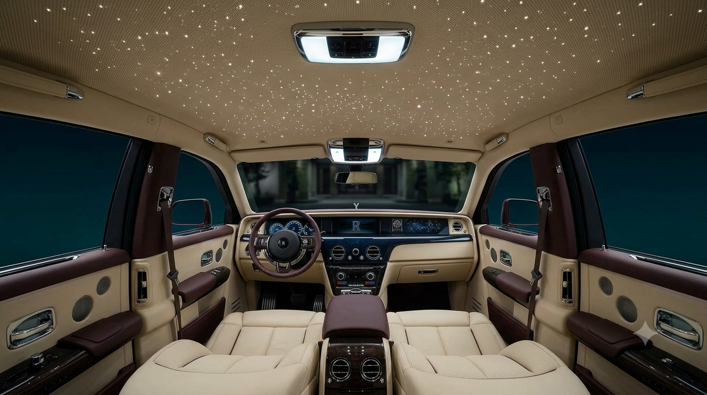 Rolls-Royce Starlight Headliner showing the iconic fiber optic star ceiling that inspired home installations worldwide