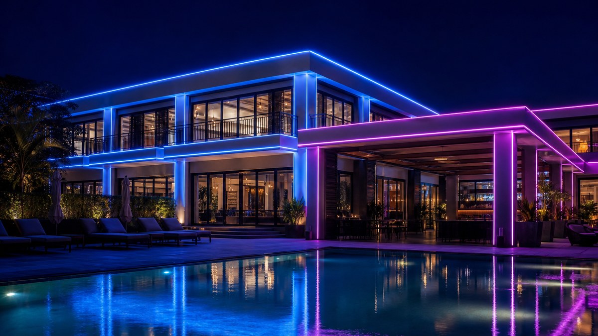 Commercial building roofline, columns and canopy outlined with custom 360 degree laser fiber optic architectural lighting at night
