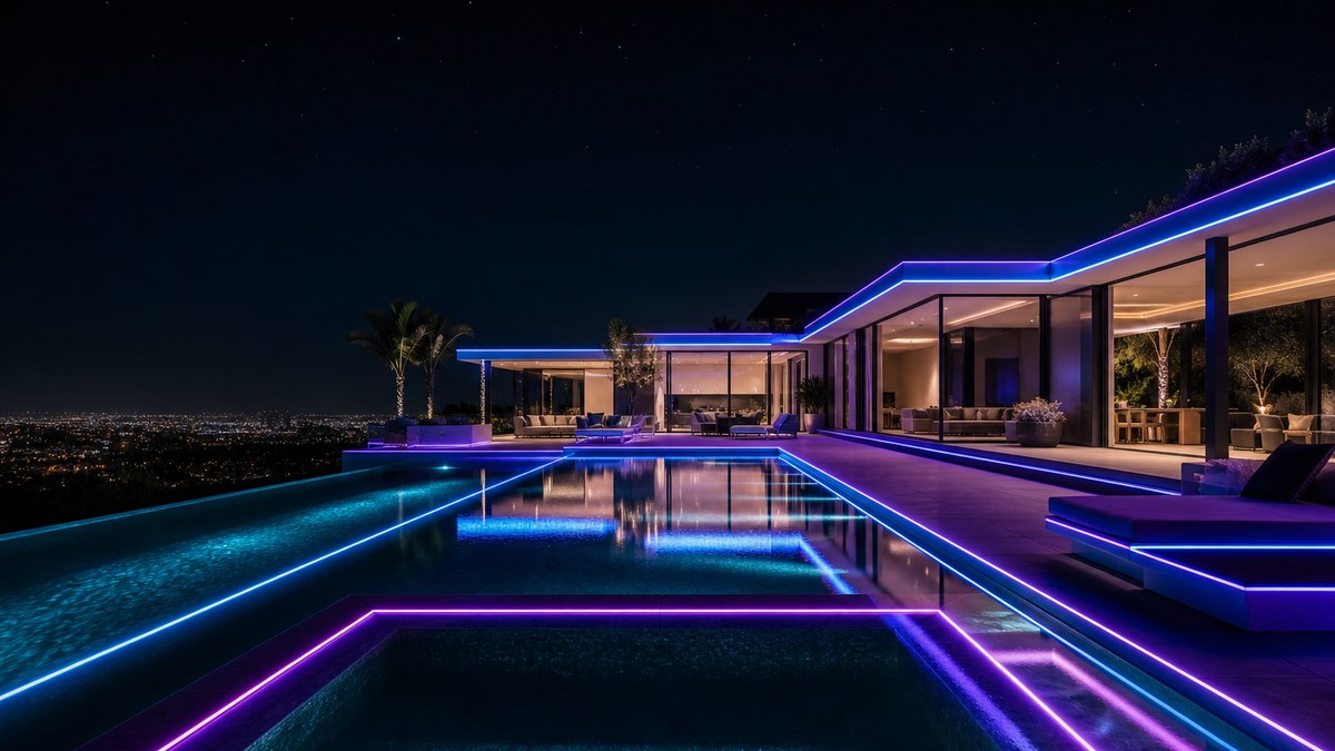 Modern home and swimming pool at night outlined by a custom fiber optic lighting system from a laser fiber optic lighting manufacturer