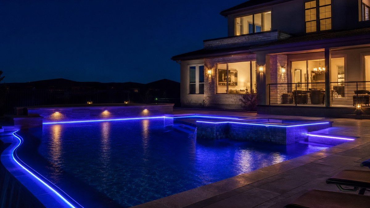 Luxury backyard swimming pool at night outlined with glowing 360 degree laser fiber optic pool lighting in vivid blue and purple
