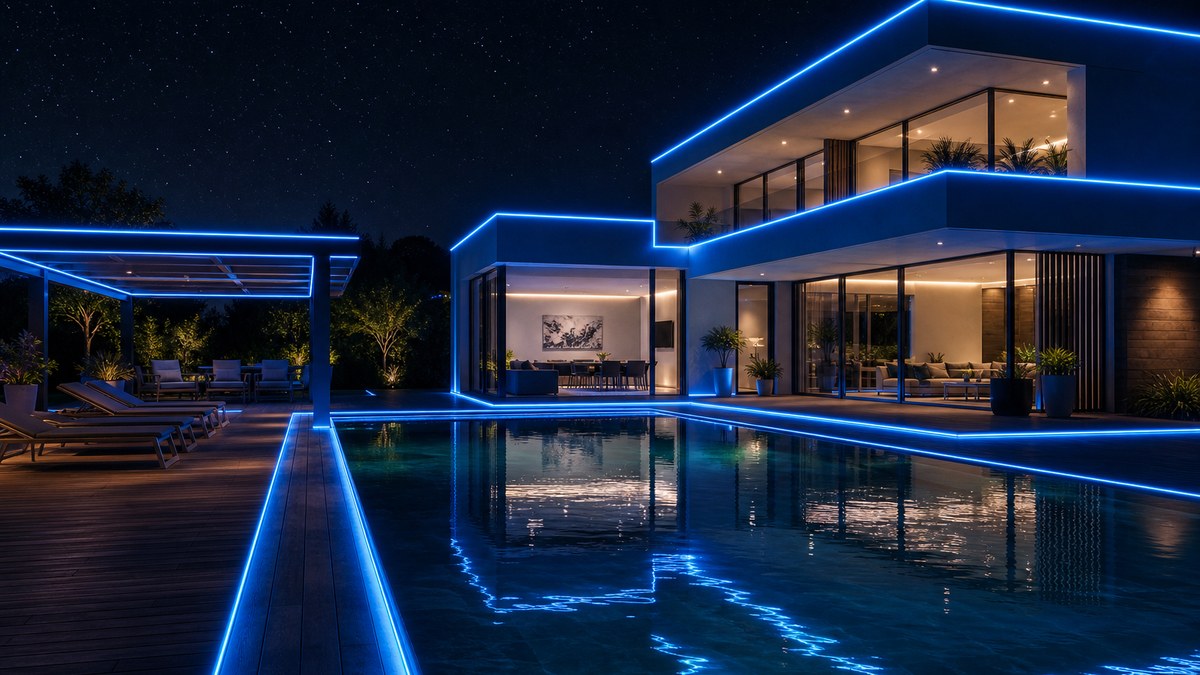 Modern home and pool at night with rooflines, deck and pool edge outlined in continuous laser fiber optic lighting