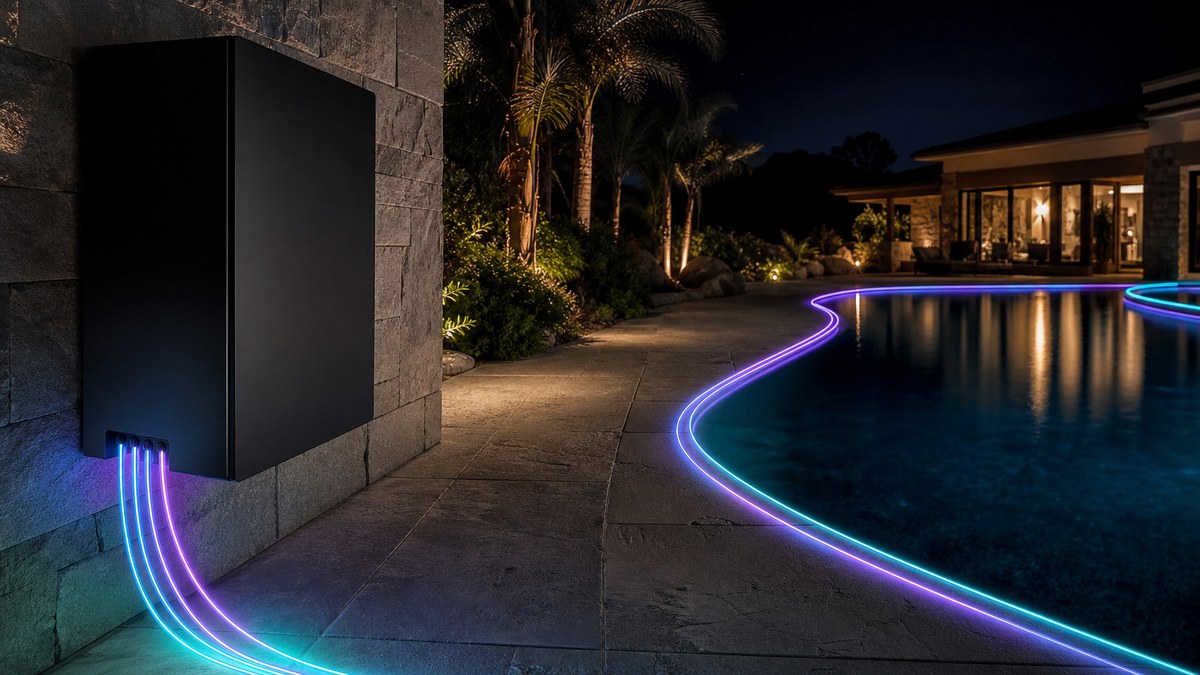 Laser fiber optic illuminator in a dry pool equipment enclosure sending glowing fiber optic cables toward a lit swimming pool at night