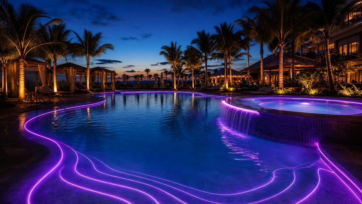 Resort pool with tanning ledge, spa spillover and steps outlined in 360 degree laser fiber optic lighting at dusk