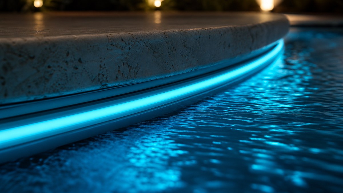 Close-up of glowing 360 degree side-glow fiber optic cable installed under pool coping at the waterline in cyan light