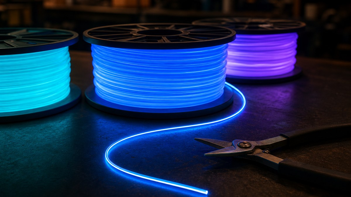 Spools of glowing side-glow fiber optic cable in cyan and violet ready to be cut to custom lengths by a fiber optic lighting supplier