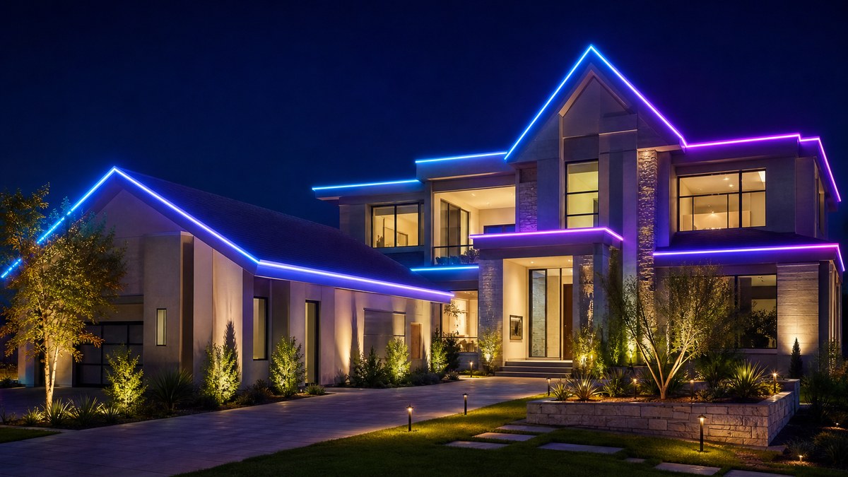 Modern two-story home at night with roofline, gables and eaves traced by continuous glowing 360 degree laser fiber optic building outline lighting in cyan and violet