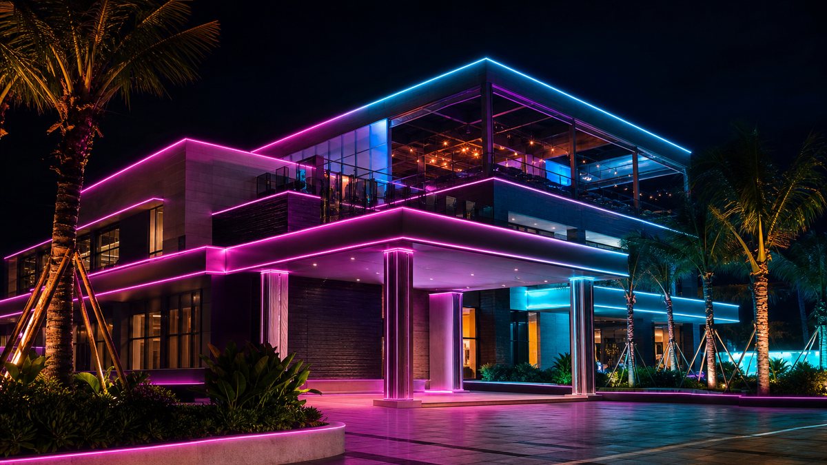 Commercial building and rooftop restaurant at night with parapets, canopies and columns outlined by laser fiber optic lighting in magenta and cyan