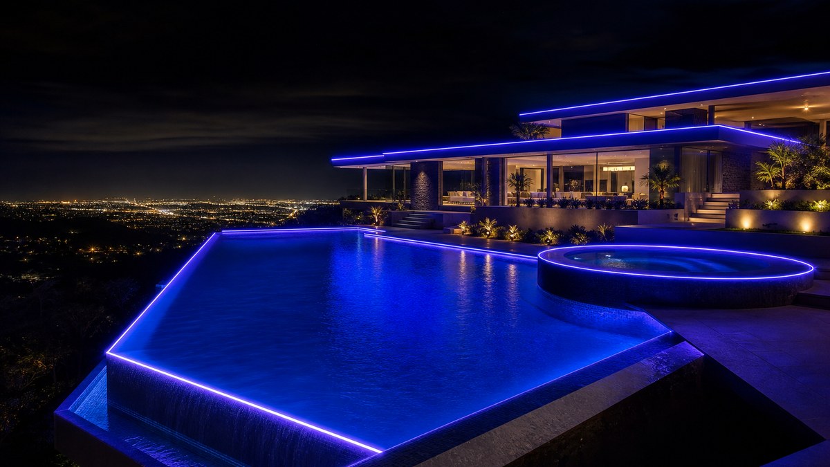 Large hillside estate pool with vanishing edge, spa and home roofline all outlined in laser fiber optic lighting in blue and violet, sized for a 200 meter system