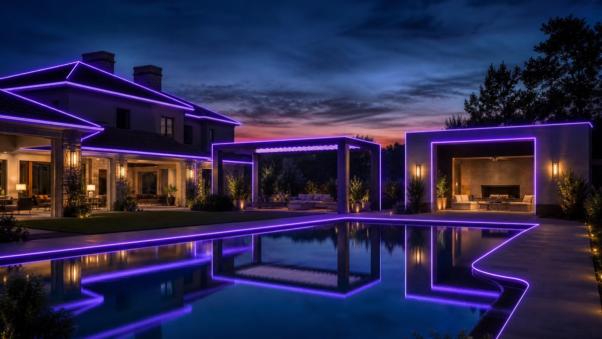 Luxury estate with house roofline, pool house and pool edge all outlined in matching violet laser fiber optic lighting at twilight