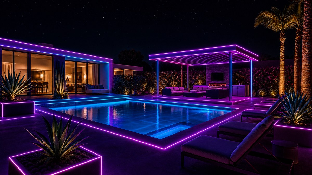 Existing pool deck, pergola and planters outlined with continuous laser fiber optic lighting in magenta and cyan at night