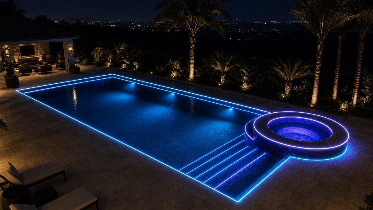 Fiber optic pool lighting kit sizing example: luxury pool, spa and steps outlined with continuous cyan and blue laser fiber optic light at night
