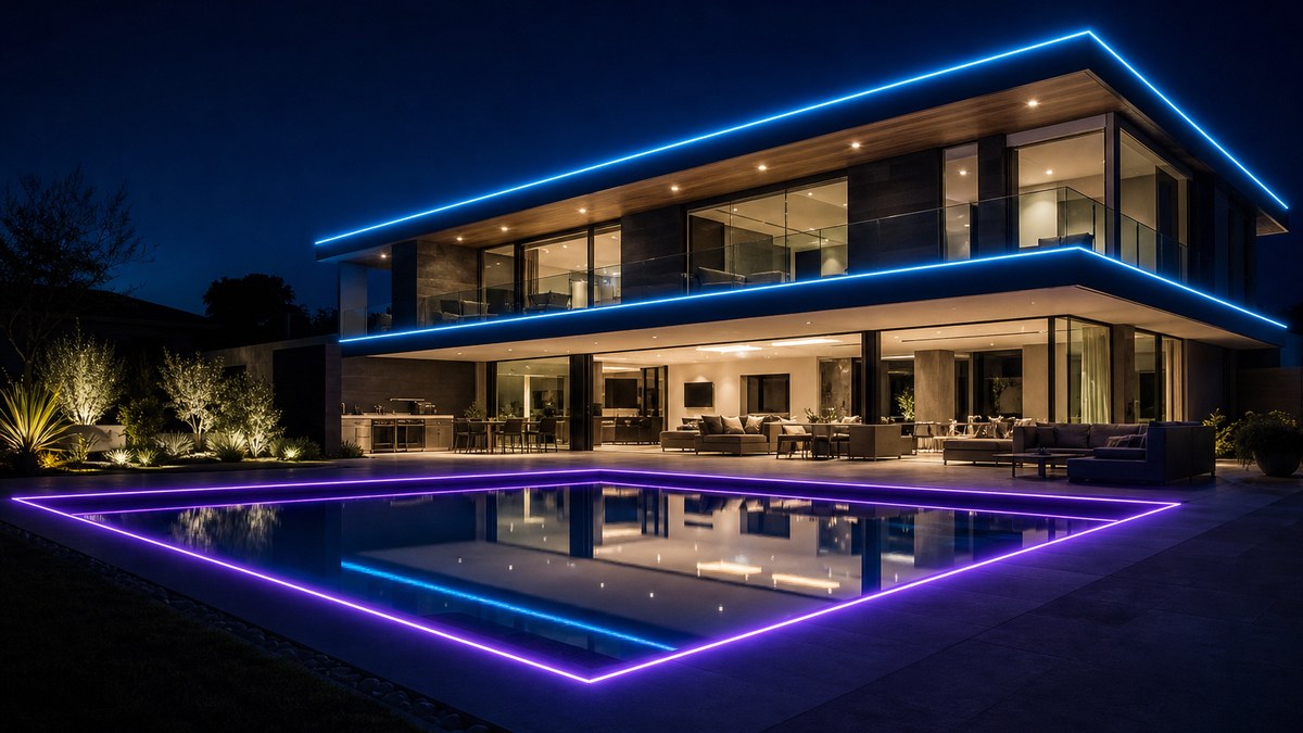 Modern home and pool at night outlined with continuous laser fiber optic lines in cyan and violet, compared with LED neon flex and LED strip outdoor lighting