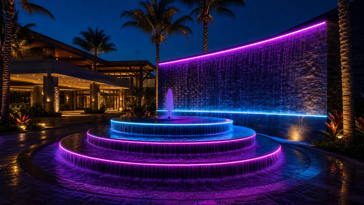 Hotel courtyard fountain with tiered basins and water wall outlined in continuous magenta and cyan fiber optic light at dusk