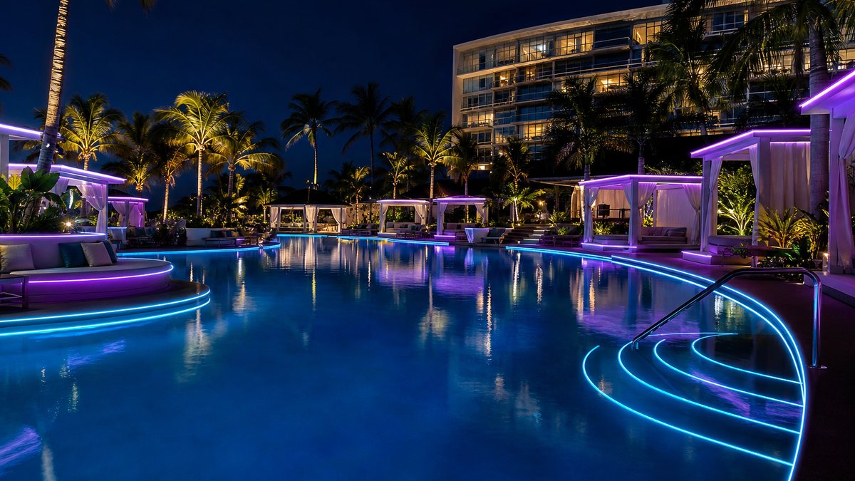 Resort pool lighting at night with a lagoon pool, cabanas and hotel tower outlined in continuous cyan and violet 360 degree laser fiber optic lines