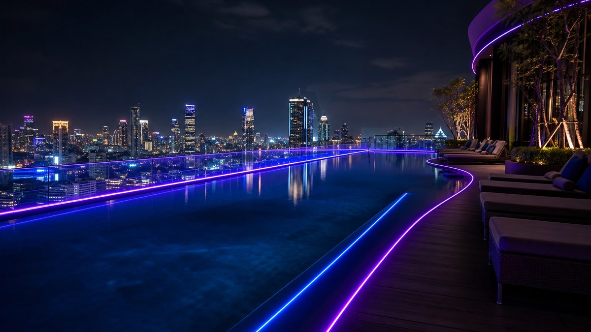Hotel rooftop pool with city skyline at night, pool edge and parapet outlined in violet DMX-controlled fiber optic lighting