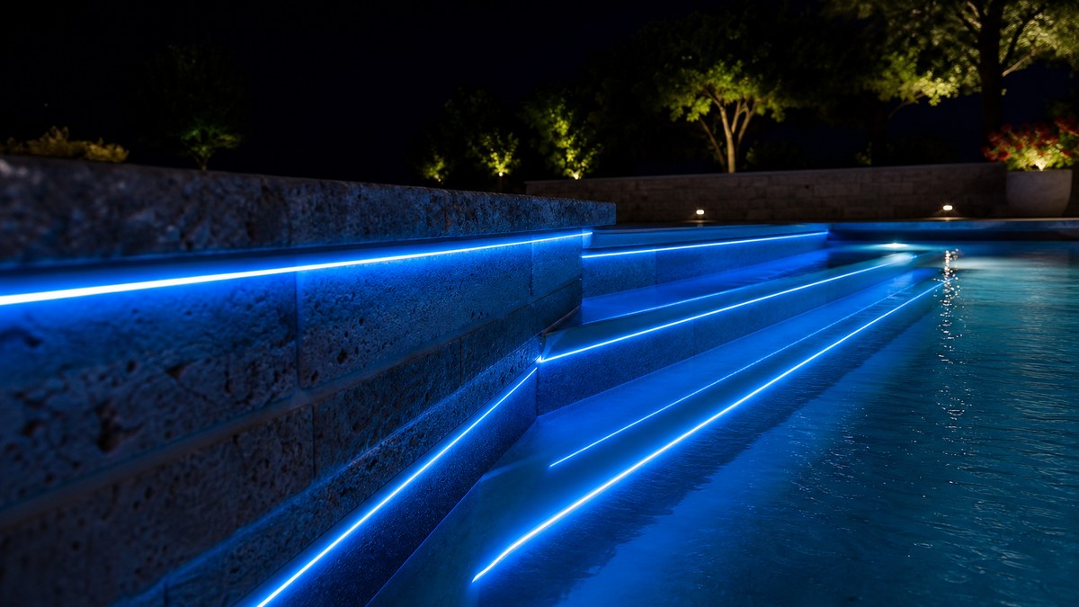 Measuring a pool for a fiber optic lighting kit: close-up of side-glow fiber optic line under pool coping and along entry steps in cyan light