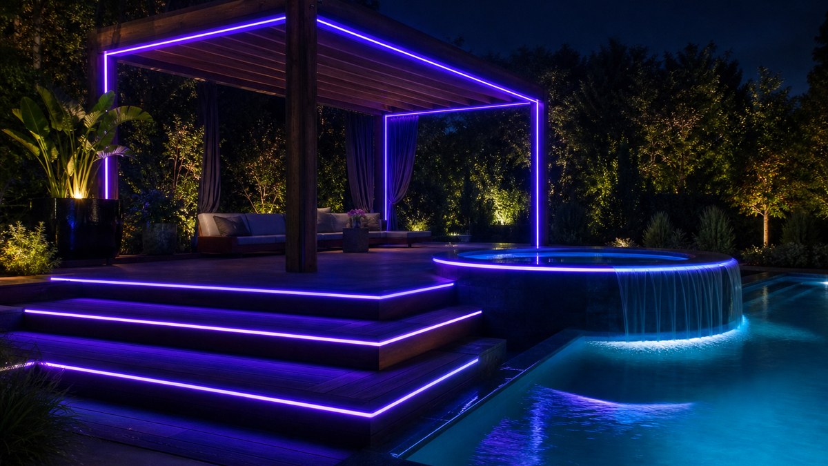 Backyard pergola, deck stairs and pool spa at night outlined with smooth laser fiber optic lines in violet and electric blue