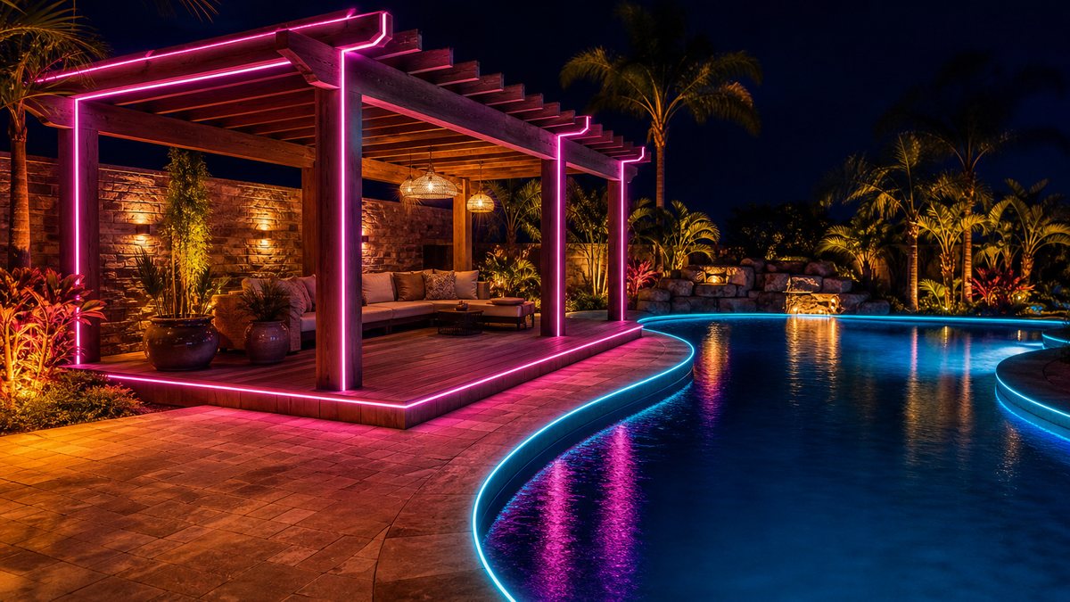 Backyard pool, deck edge and pergola outlined by one continuous fiber optic lighting run in cyan and magenta from a single laser unit