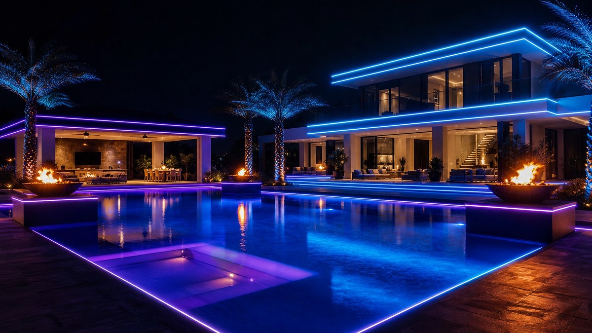 Modern home with pool house roofline, deck border and pool perimeter all outlined in continuous 360 degree laser fiber optic lighting at night