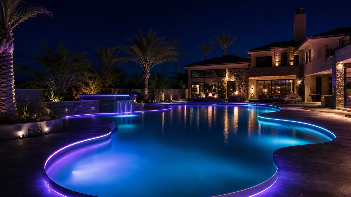 Pool perimeter lighting with continuous side-glow fiber optic line under the coping of a luxury freeform pool at night in cyan and violet