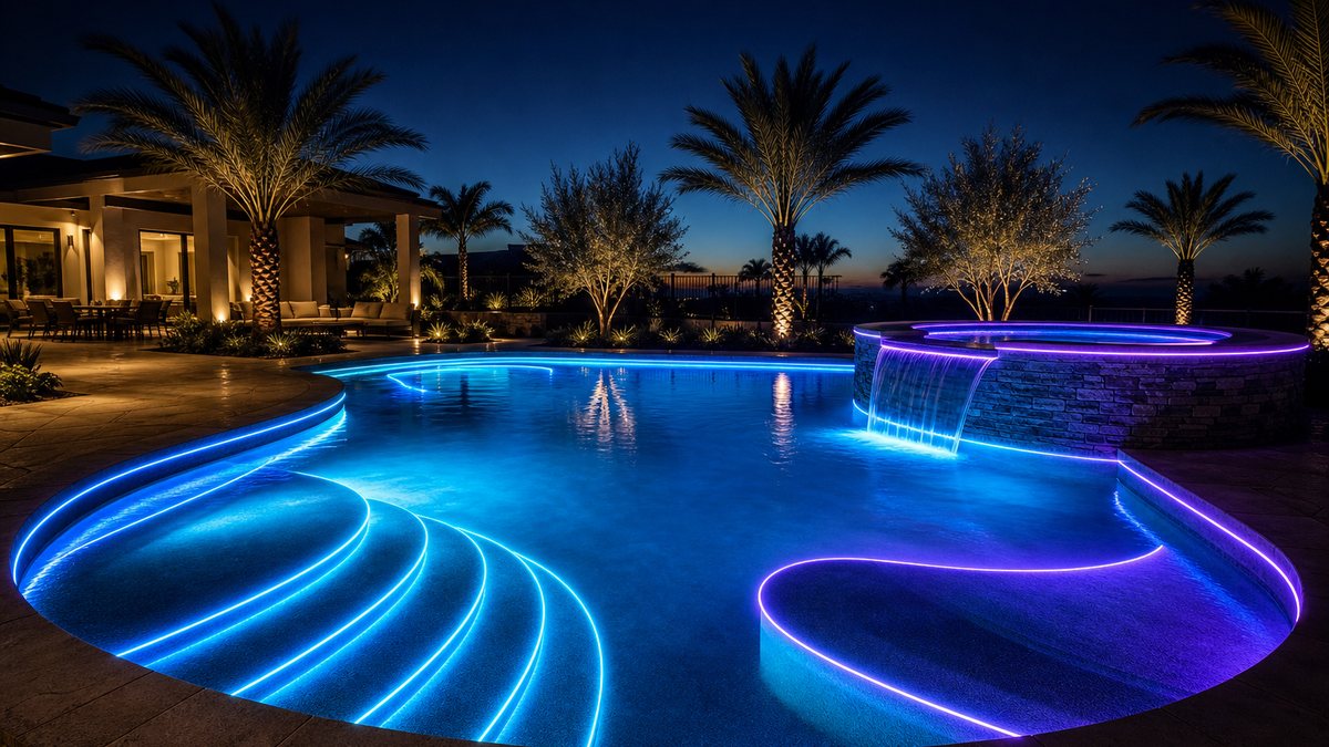 Remodeled existing pool with steps, bench and raised spa spillway outlined in laser fiber optic lighting in blue and violet at dusk