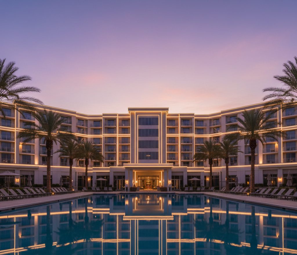 Resort pool and hospitality space lined with glowing fiber optic light at night