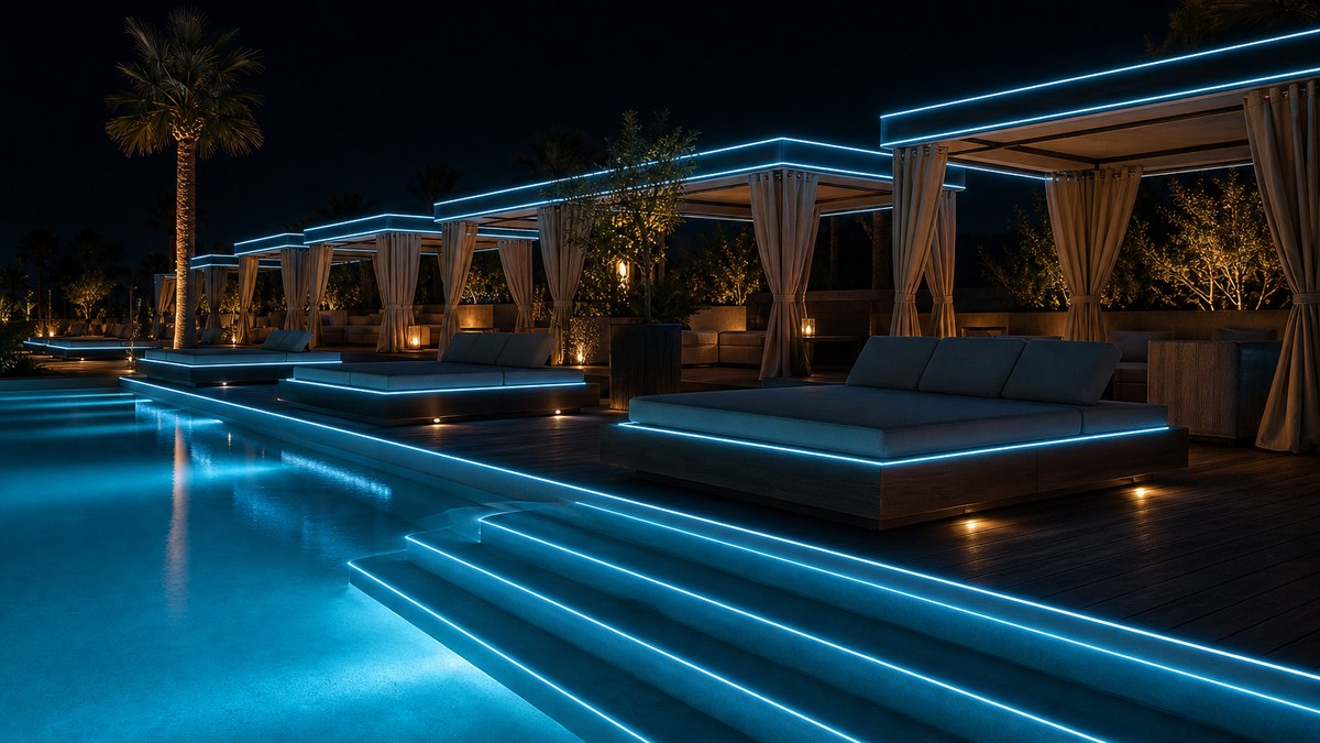 Resort pool deck at night with cabanas, daybeds and pool steps outlined in continuous cyan 360 degree laser fiber optic lighting