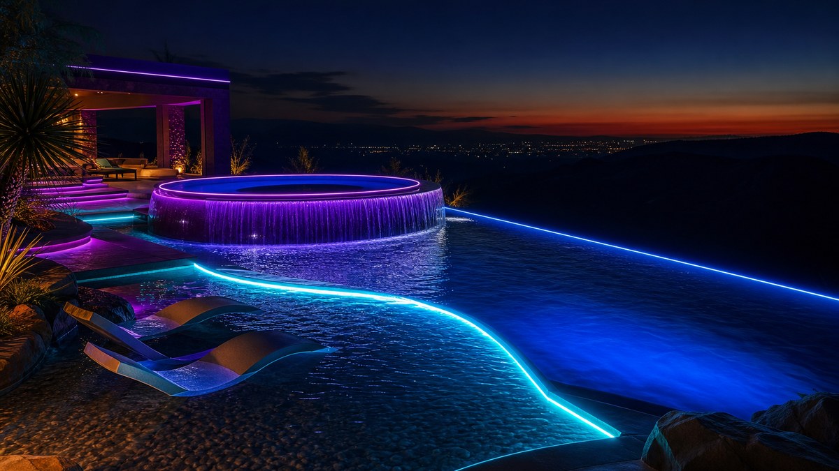 Resort-style pool with spa spillover, tanning ledge and vanishing edge outlined in laser fiber optic perimeter lighting at dusk
