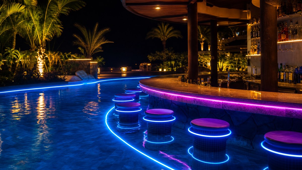 Resort pool swim-up bar outlined in glowing magenta and blue laser fiber optic lighting with submerged bar stools at night