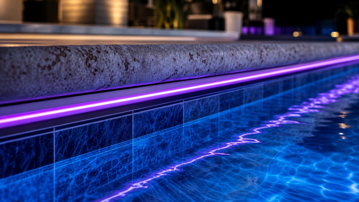 Close-up of retrofit side-glow fiber optic cable seated in a track under existing travertine pool coping glowing violet at the waterline