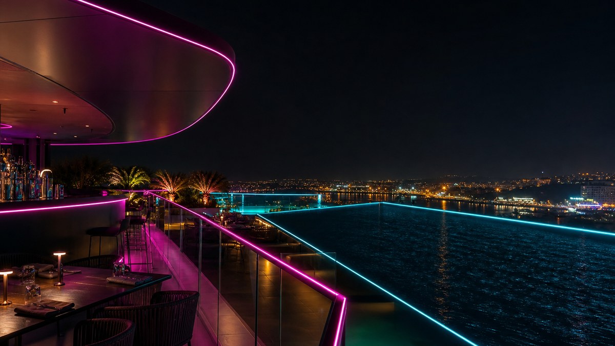Rooftop restaurant terrace and resort pool at night outlined with continuous laser fiber optic lighting in magenta and cyan