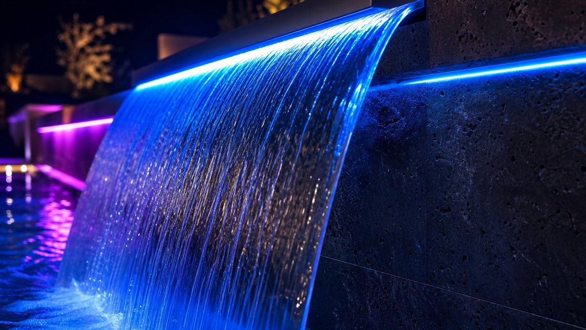 Close-up of a pool sheer descent waterfall lit by side-glow fiber optic lighting under the lip, water sheet glowing electric blue