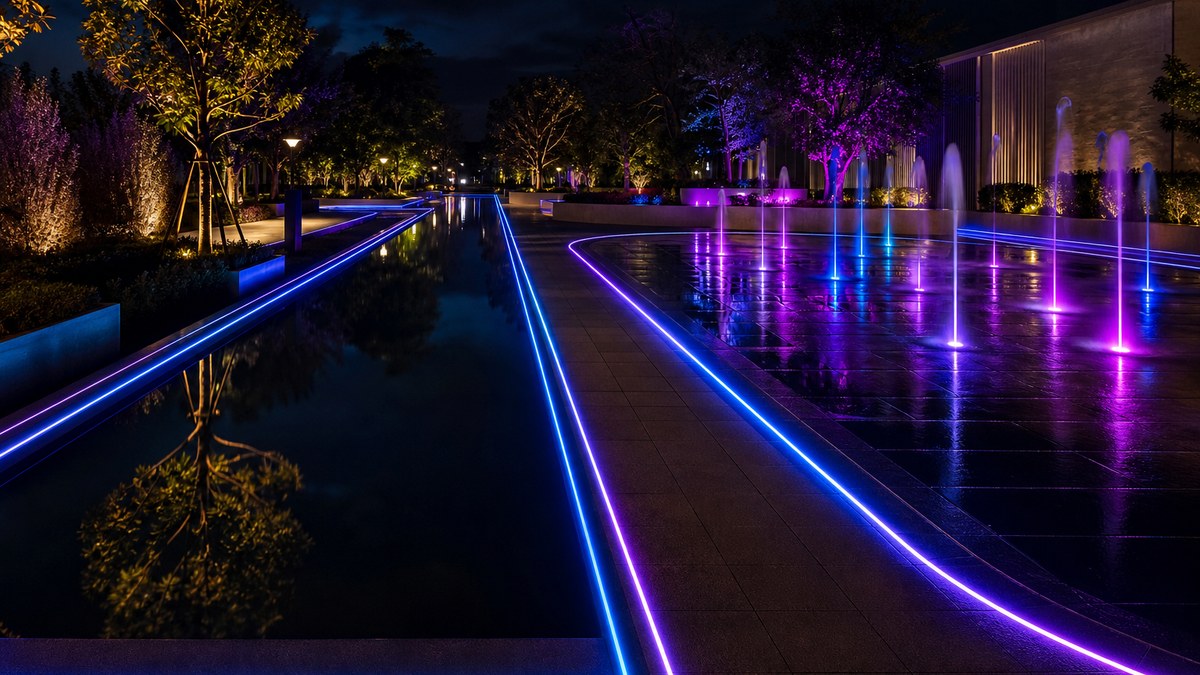 Backyard splash pad and reflecting pool at dusk with fiber optic border lines glowing blue and violet along paths and edges